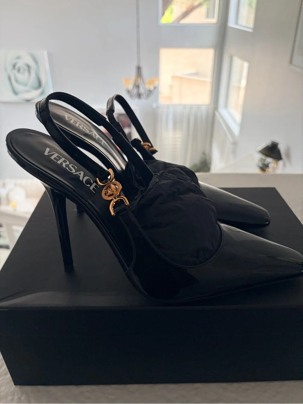 Versace Black Patent Leather Pointed Slingback Heels with Gold Medusa - Picture 3 of 10